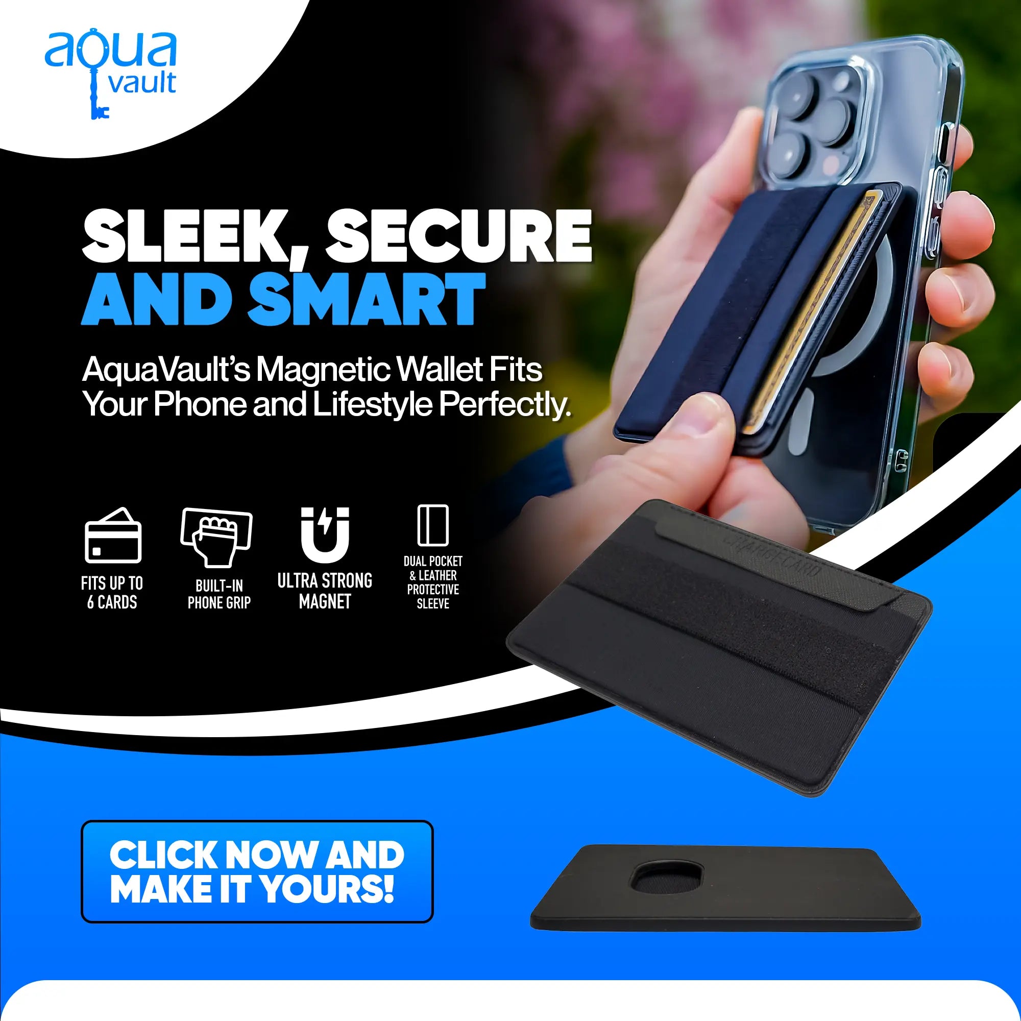 Magnetic Wallet with Phone Grip AquaVault Inc. AquaVault ChargeCard Flexsafe