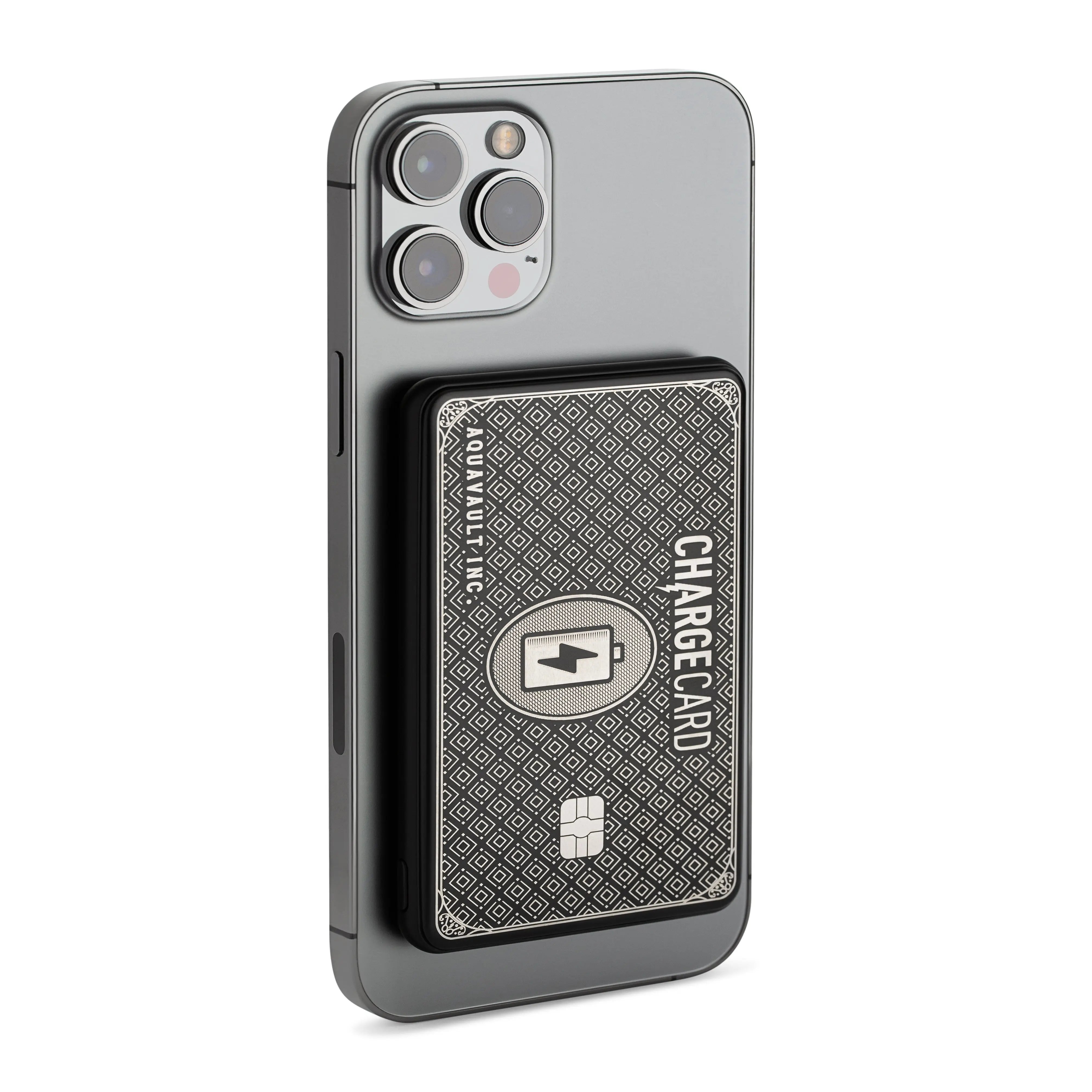 Close-up of a phone with AquaVault ChargeCard attached.