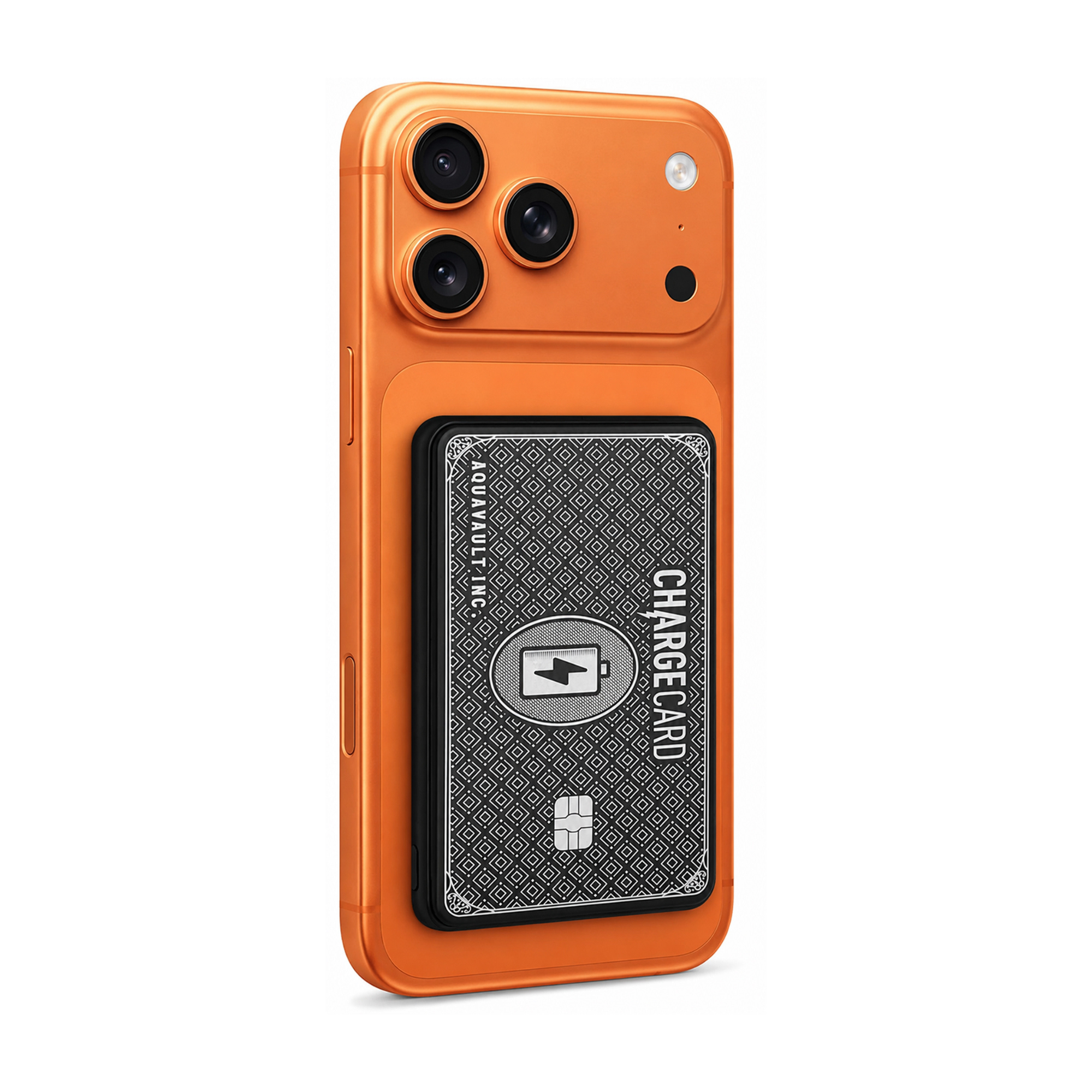An orange protective phone case with a built-in black and gray cardholder slot on the back, shown on a white background.