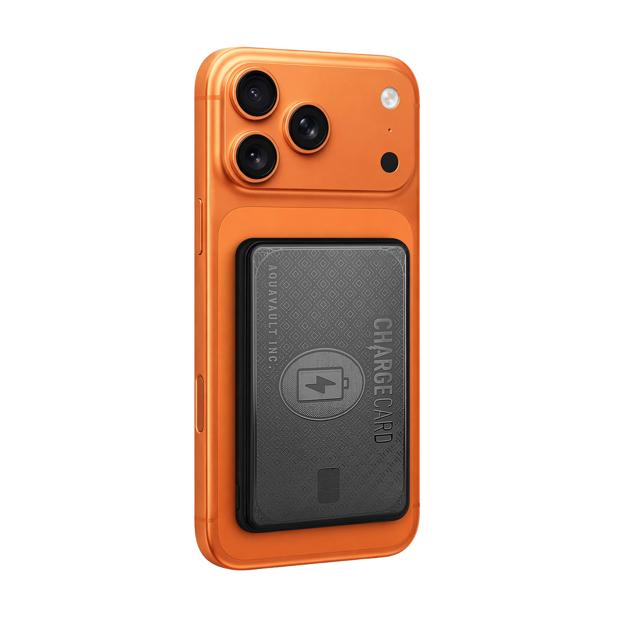 An orange protective phone case with a built-in black portable charger battery pack on the back, shown against a solid white background.