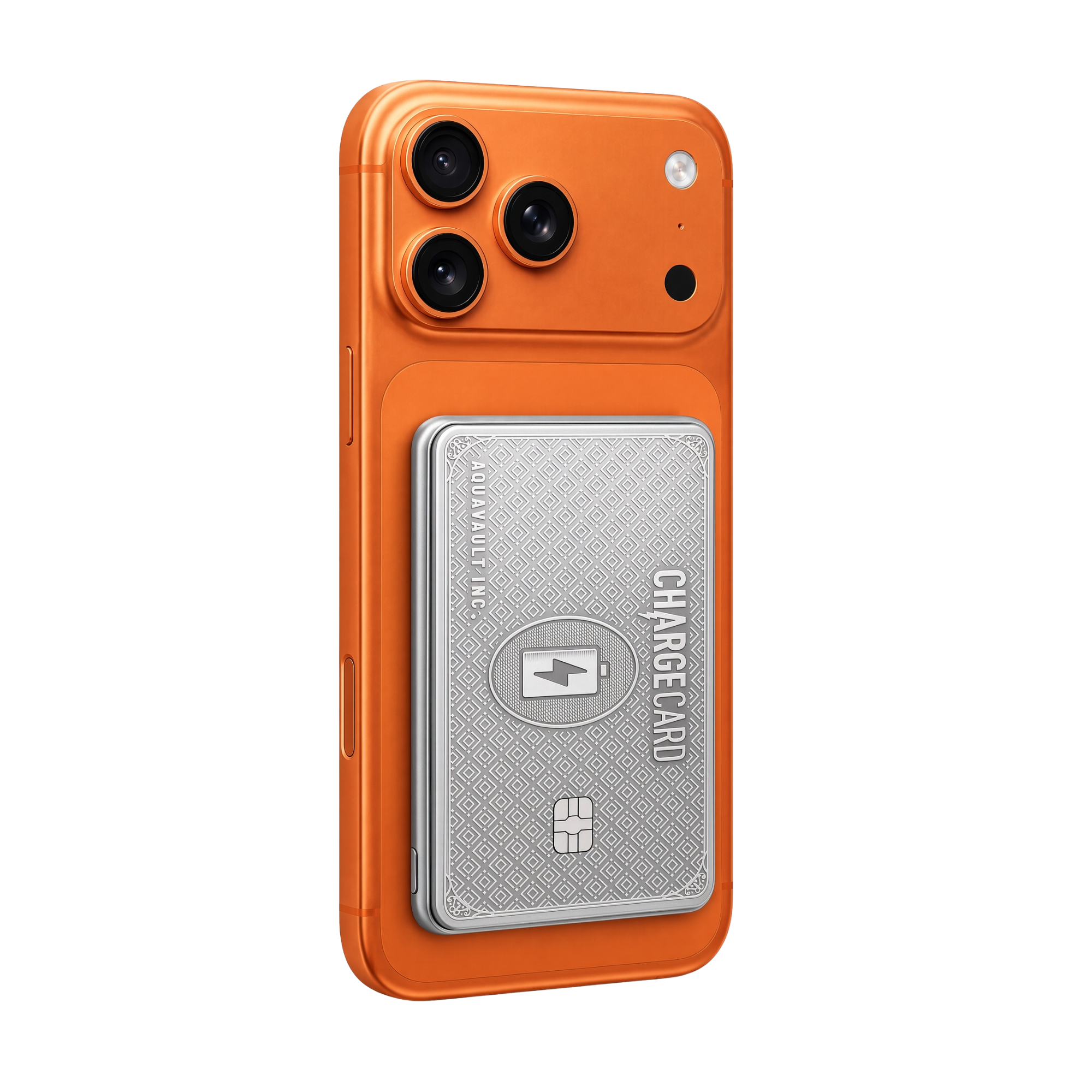 An orange smartphone case with a silver card holder attached to the back, shown on a plain white background.