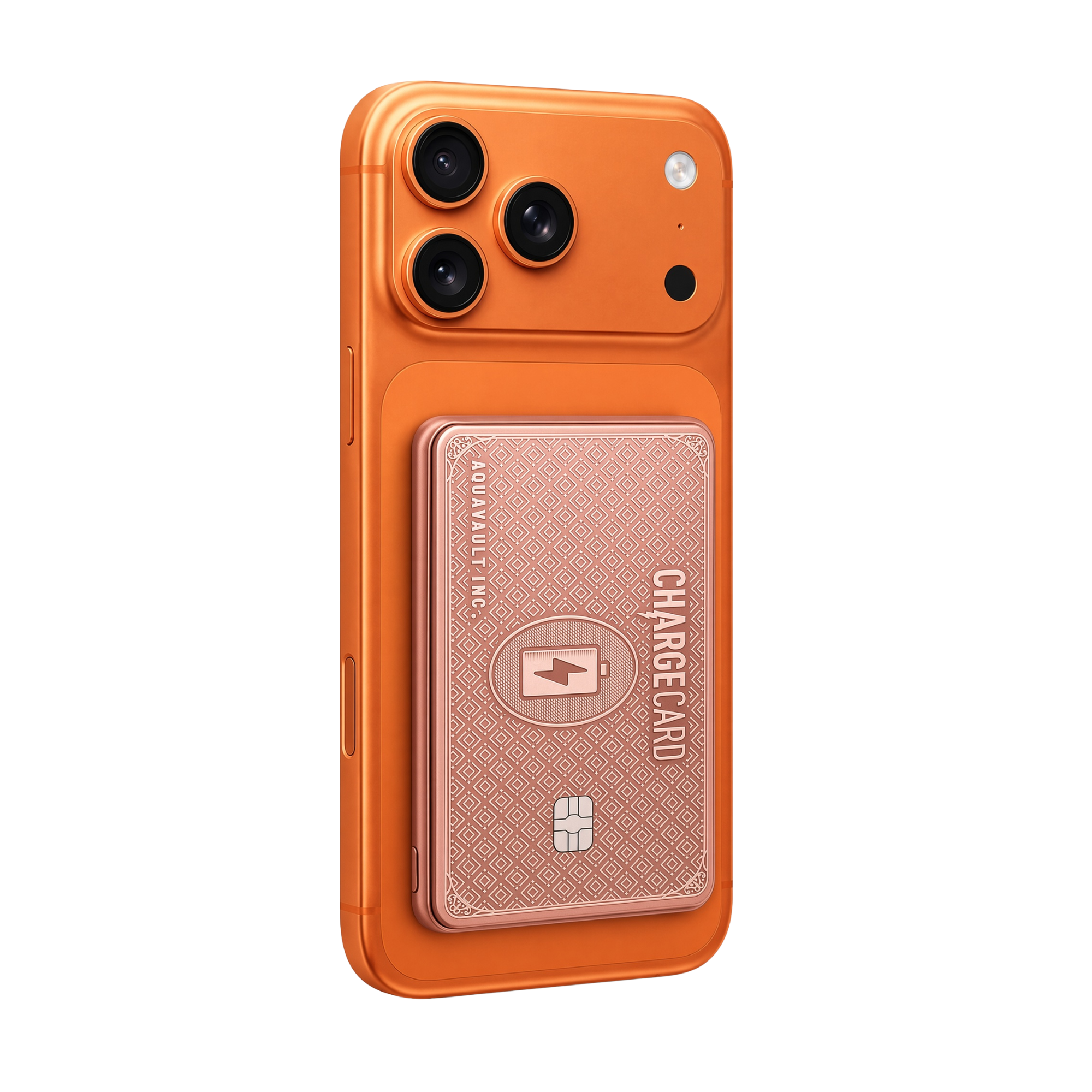 An orange protective phone case with a built-in card holder on the back, holding a rose gold credit card. The case features a raised camera cutout and a small flash cutout, shown against a plain white background.