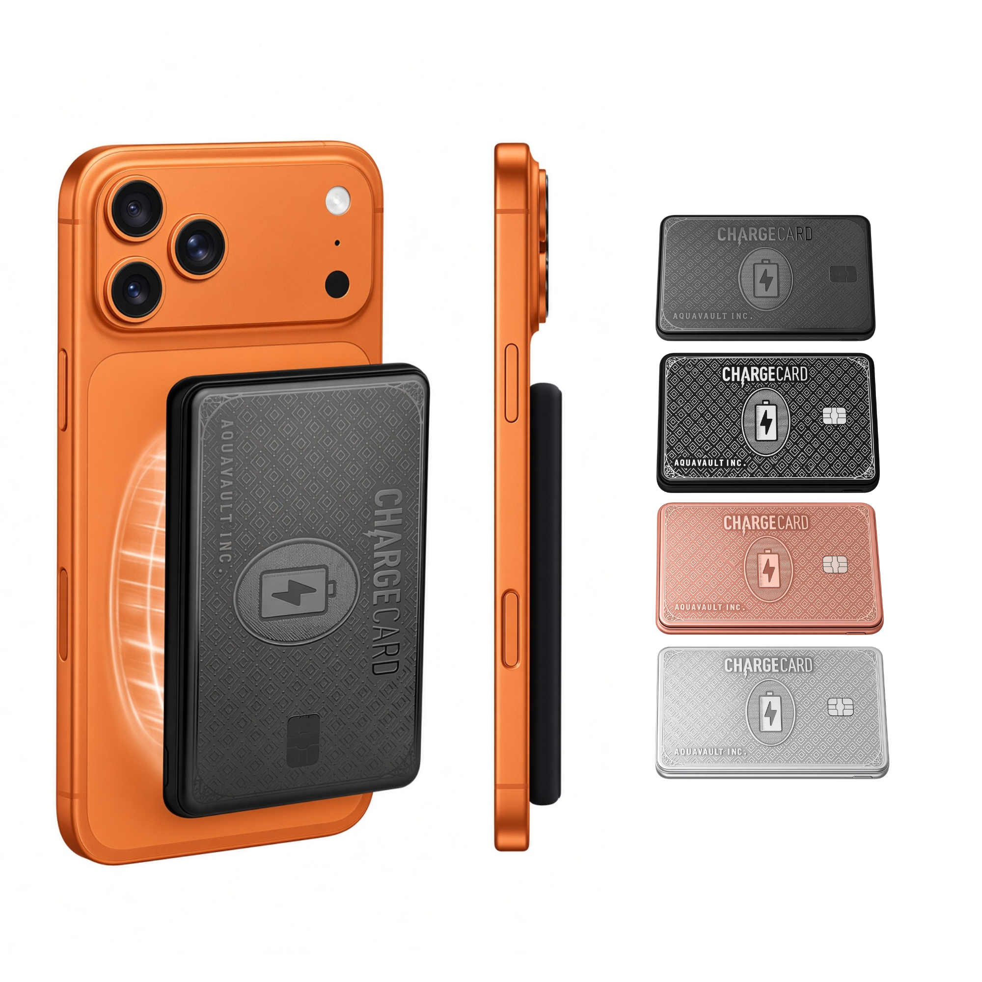 A CHARGECARD portable wireless charger shown attached to an orange smartphone, with a side profile view and four smaller color variants on a clean white background.