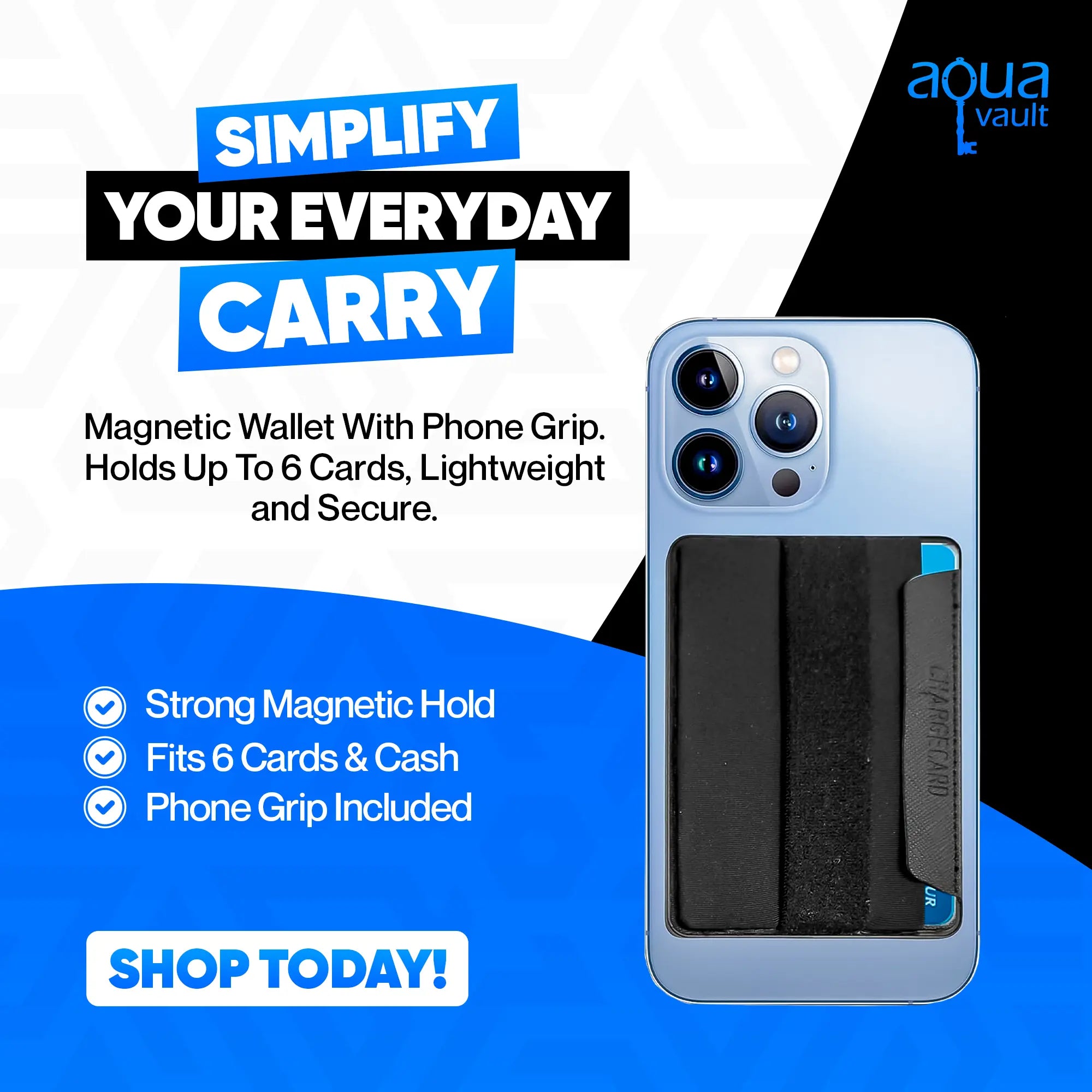 Magnetic Wallet with Phone Grip AquaVault Inc. AquaVault ChargeCard Flexsafe