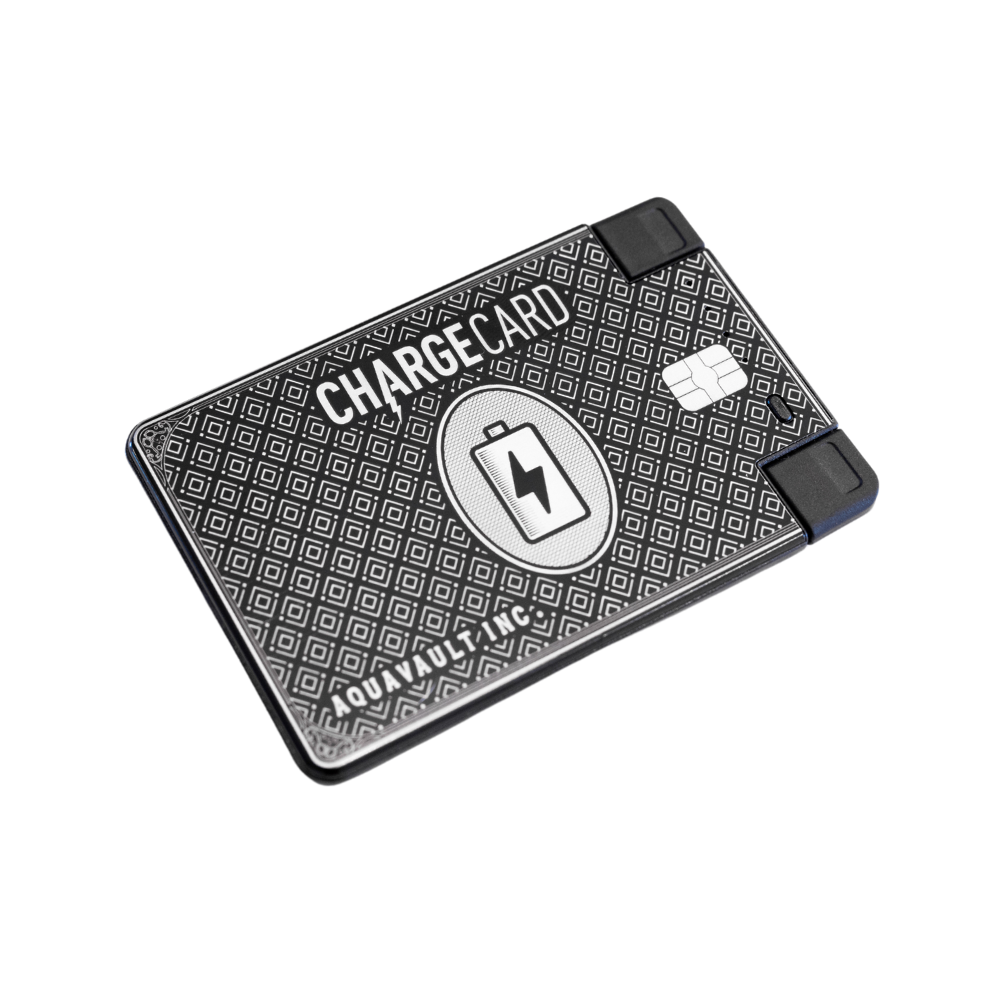 Black ChargeCard portable phone charger, credit card-sized, with USB-C connector on a white background