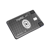 Black ChargeCard portable phone charger, credit card-sized, with USB-C connector on a white background