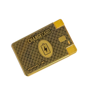 Gold ChargeCard portable phone charger, credit card-sized, with USB-C connector on a white background