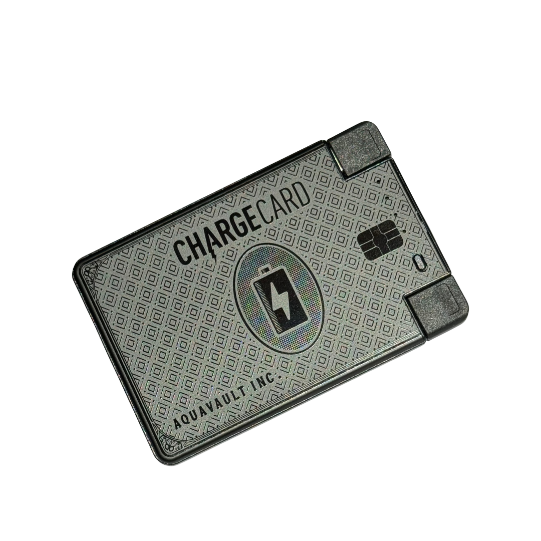 Matte Black ChargeCard portable phone charger, credit card-sized, with USB-C connector on a white background