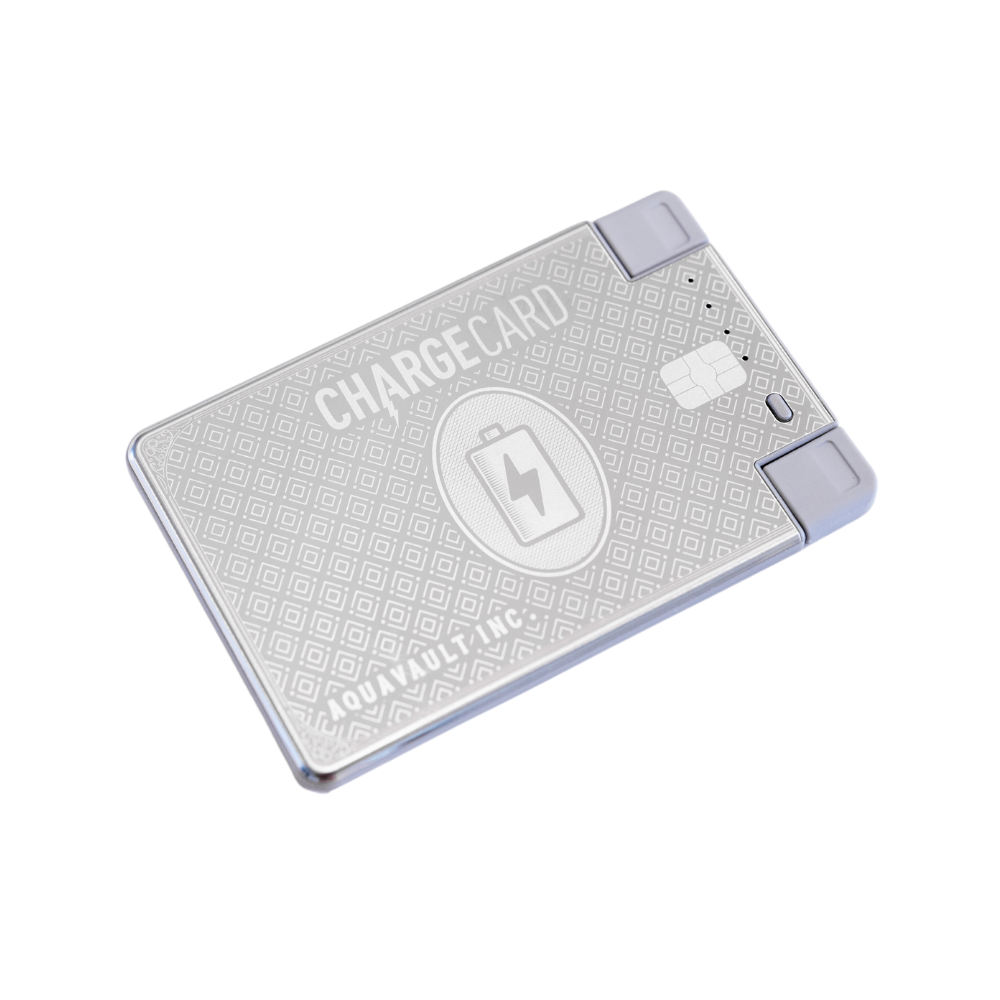 Platinum ChargeCard portable phone charger, credit card-sized, with USB-C connector on a white background