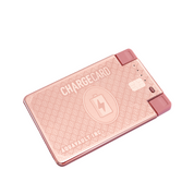 Rose Gold ChargeCard portable phone charger, credit card-sized, with USB-C connector on a white background