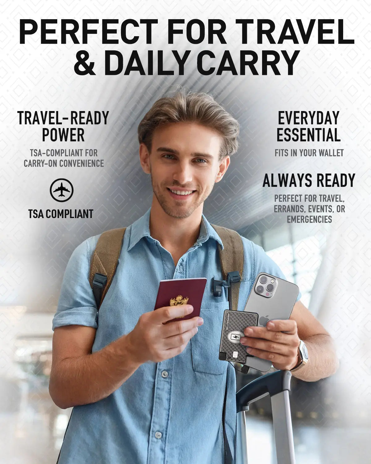 Man holding passport and phone with AquaVault charge card, ready for travel.
