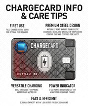 AquaVault ChargeCard with charging info and care tips on premium design.