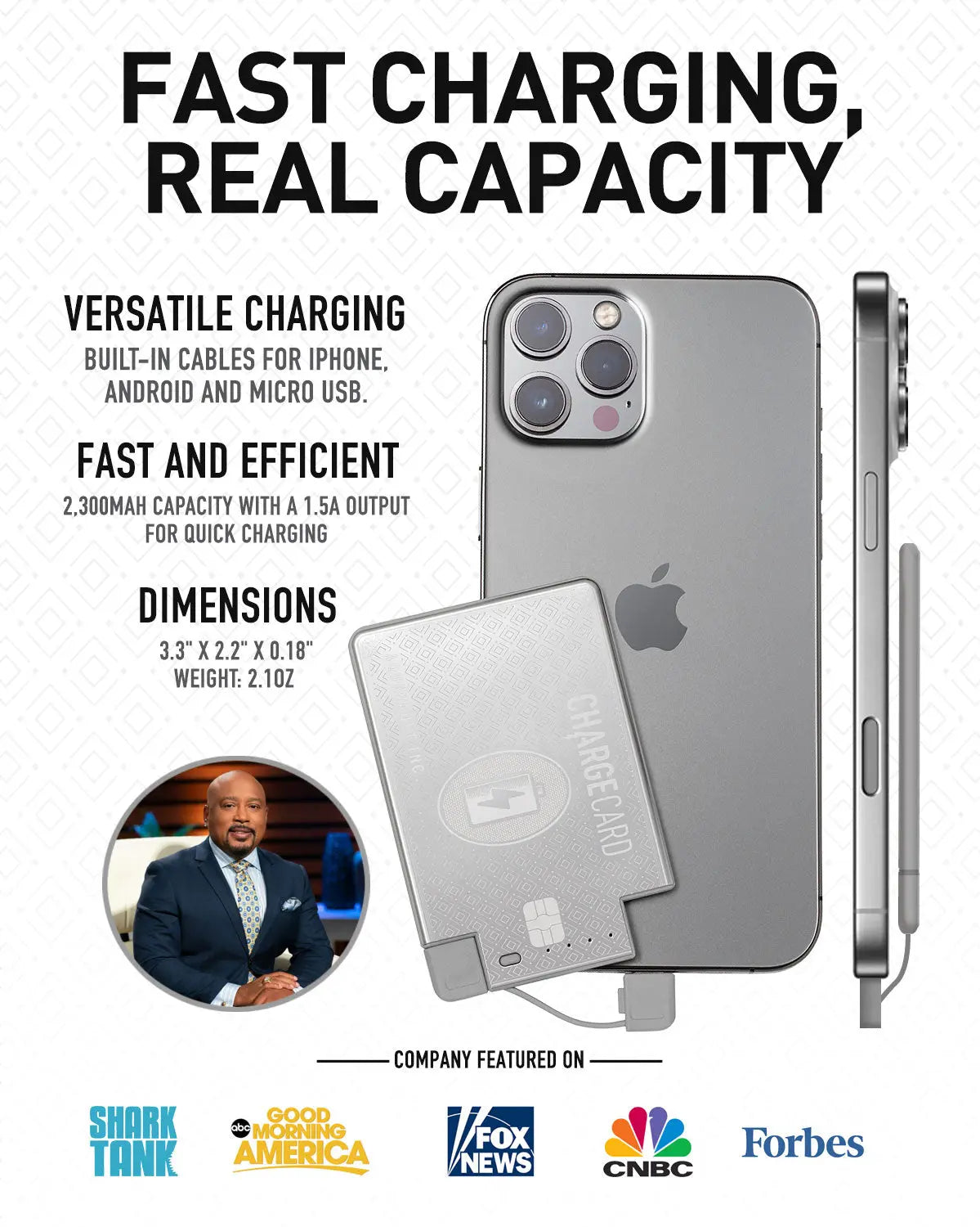 AquaVault ChargeCard with iPhone showing dimensions, capacity, and logos.