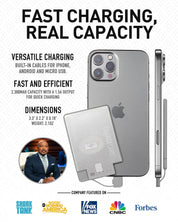 AquaVault ChargeCard with iPhone showing dimensions, capacity, and logos.