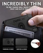 AquaVault ChargeCard in wallet next to American Express card, showing size.