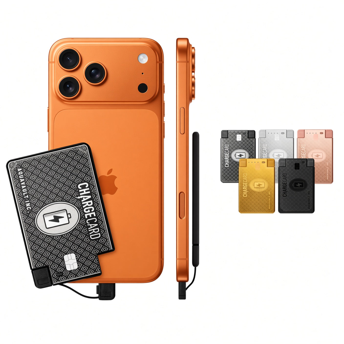 An orange smartphone shown with a black and gray CHARGE CARD portable charger attached, alongside smaller views of the card and additional color options in gray, gold, silver, and rose gold on a white background.