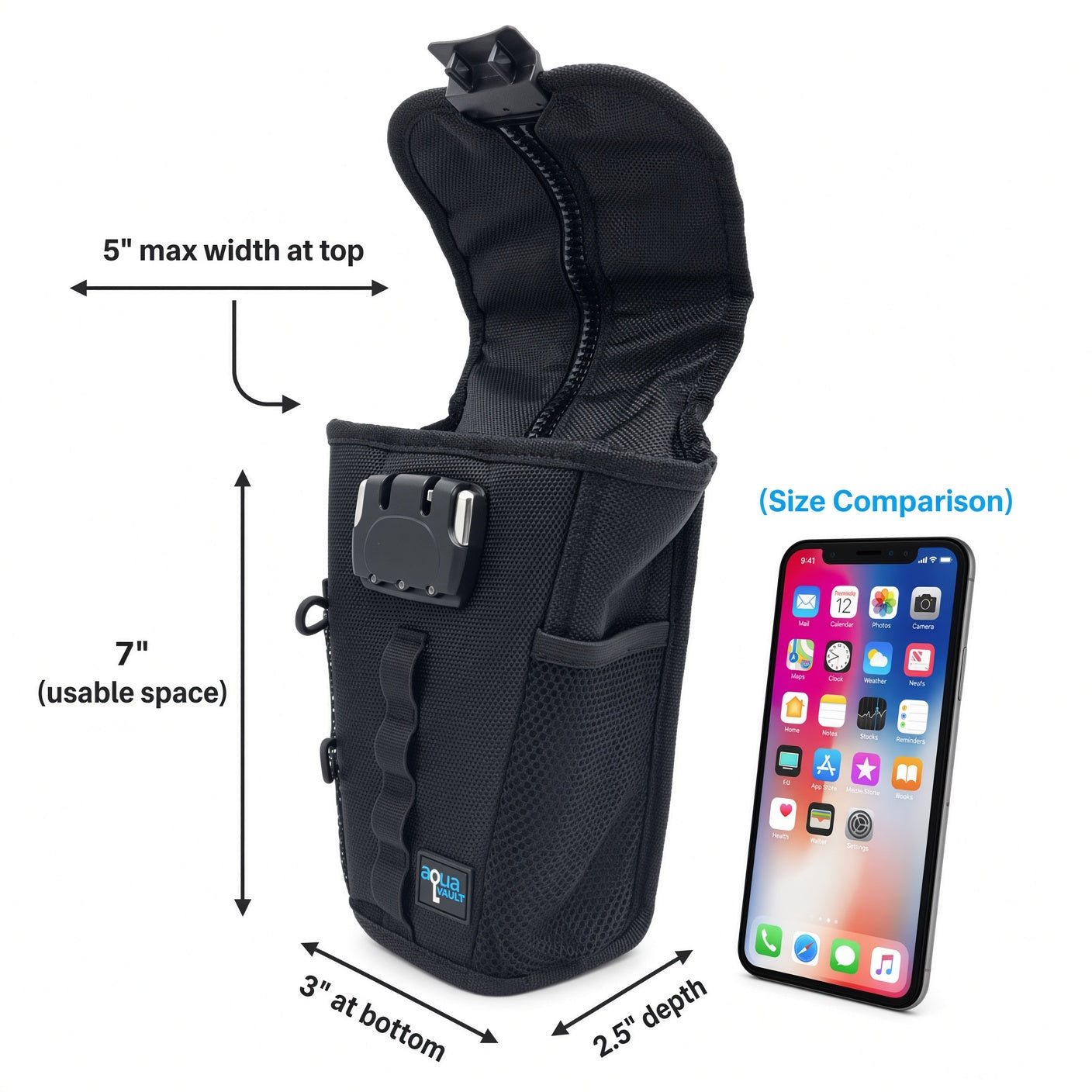 Black nylon phone pouch with dimension annotations showing 7 inches usable space, 5 inches max width at top, 3 inches at bottom, and 2.5 inches depth, alongside a smartphone for size comparison on a white background.