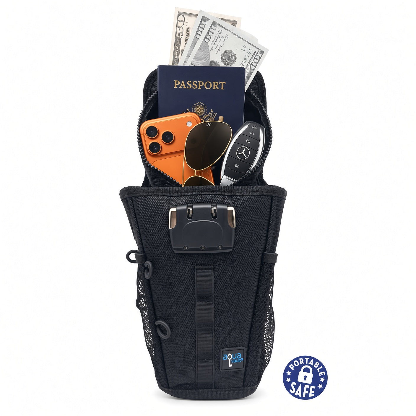 A black mesh and nylon carry-on backpack shown open, filled with a passport, cash, sunglasses, a phone, and a car key, on a white background. A blue circular badge in the lower right says 'PORTABLE SAFE'.