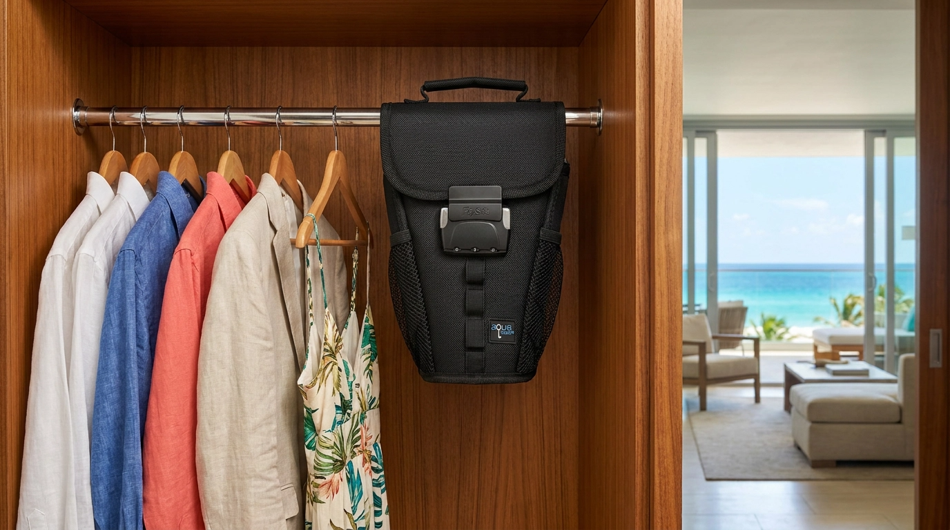 A black backpack with a top handle and front buckle closure hangs on a wooden closet rod next to hanging shirts and dresses, with a bright living room and ocean view visible in the background.