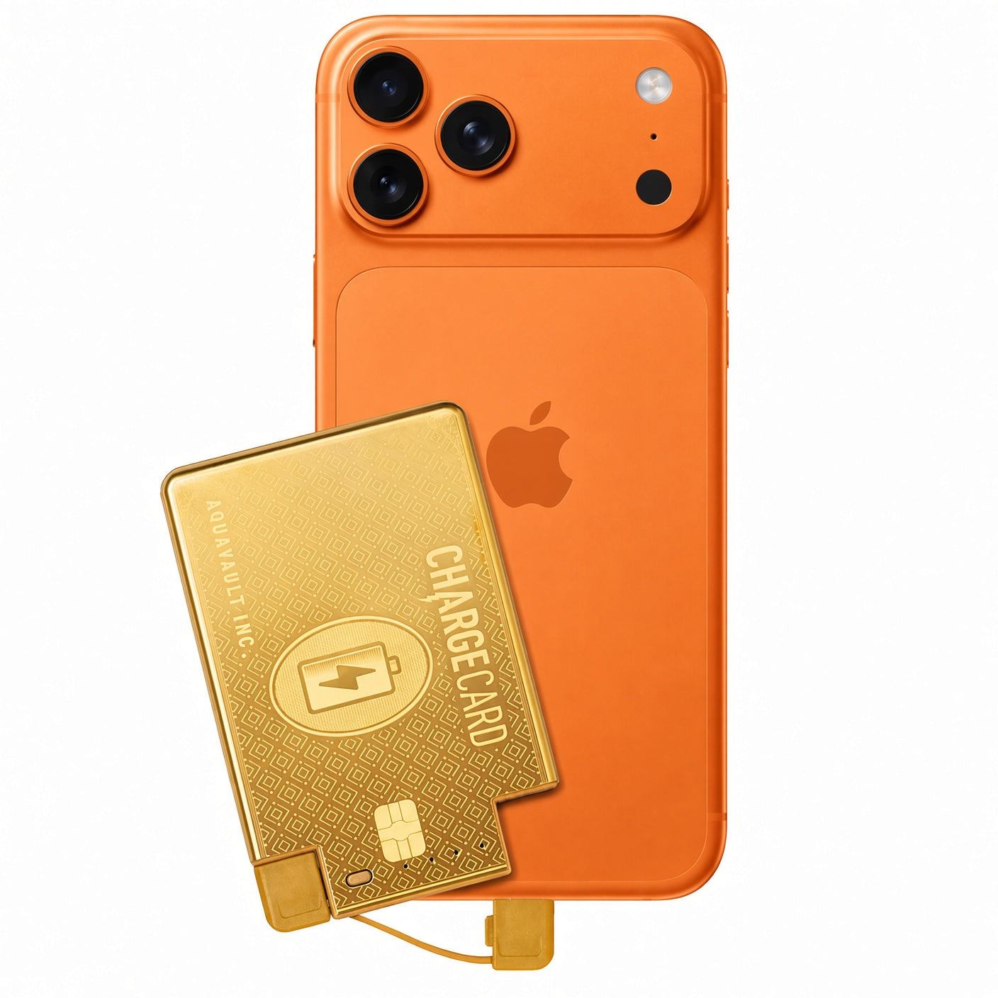 An orange Apple iPhone shown from the back with a gold card-shaped portable charger partially covering the lower left area. The phone displays the Apple logo, and the charger has 'CHARGEDCARD' printed on it.