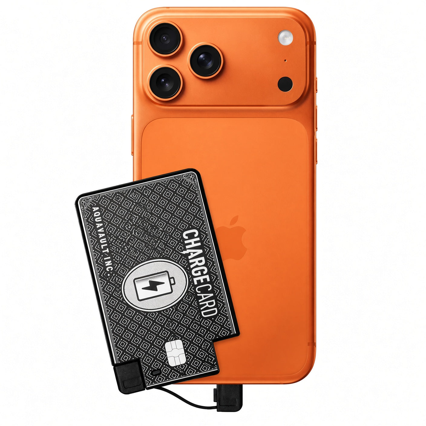A black and gray card-style portable charger labeled CHARGECARD is shown attached to the back of an orange smartphone on a clean white background.