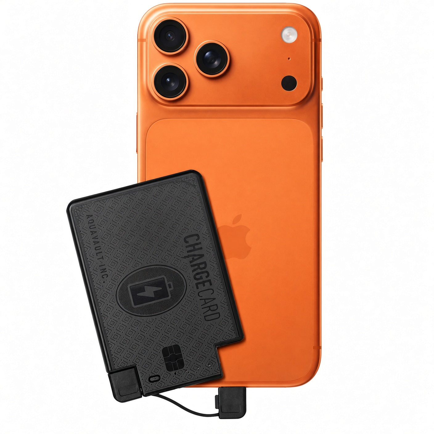 A black portable charger power bank labeled 'CHARGE CARD ADVANCED PACK' is shown connected to and partially covering an orange smartphone on a clean white background.