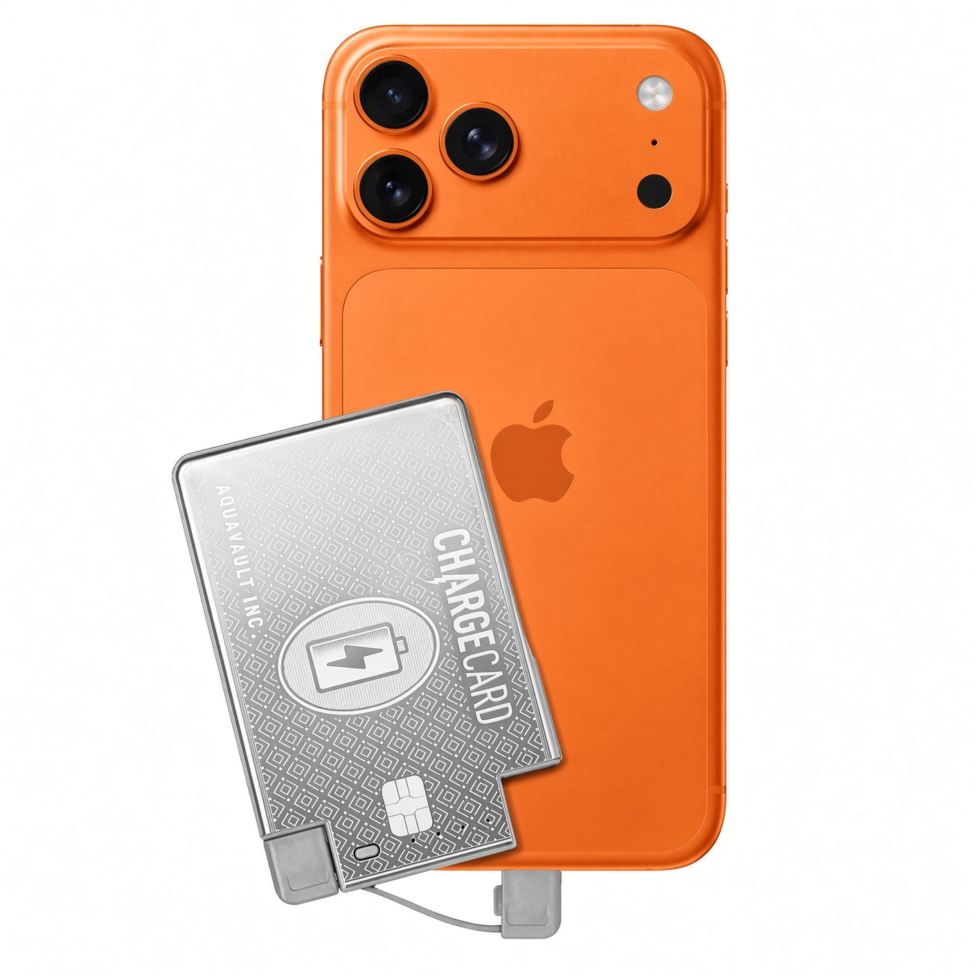 An orange smartphone shown from the back with a silver card-shaped portable charger partially covering the lower left area. The phone has a visible Apple logo, and the charger is labeled 'CHARGECARD' with 'MADE IN USA' and a charging icon.