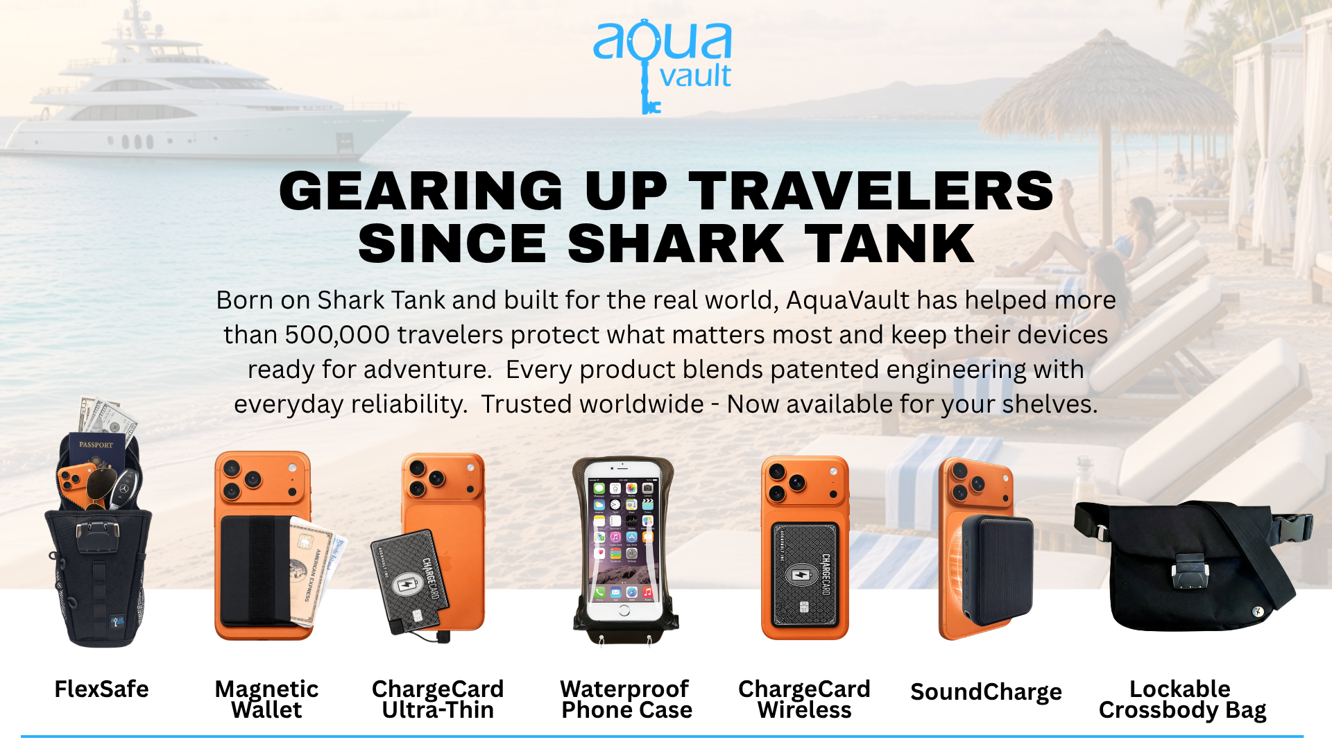 A promotional banner for AquaVault travel accessories, featuring a series of orange and black phone protection and storage products (FlexSafe, Magnetic Wallet, ChargeCard Ultra-Thin, Waterproof Phone Case, ChargeCard Wireless, SoundCharge, and Lockable Crossbody Bag) displayed against a blurred background of a yacht and beach.
