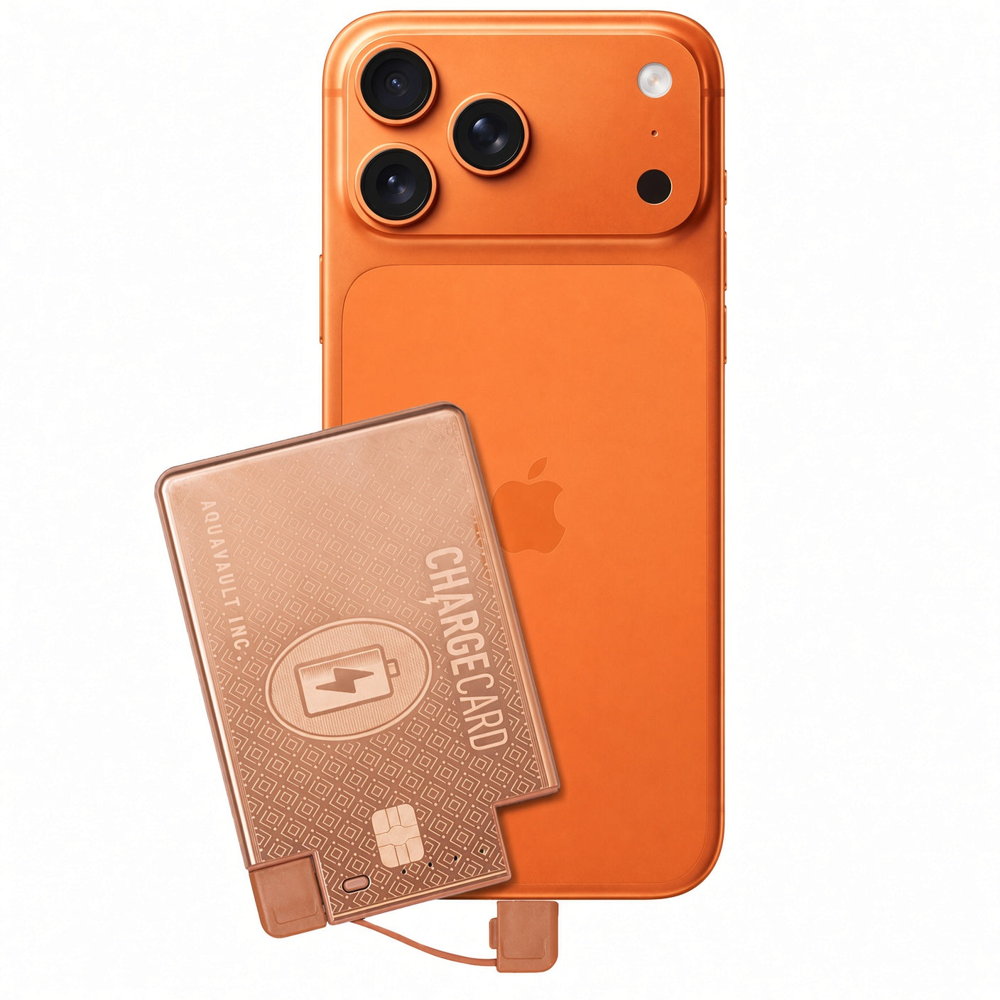 An orange smartphone shown from the back with a copper-toned portable charger placed in front of it on a clean white background. The charger has embossed branding and a cable connector visible at the bottom.