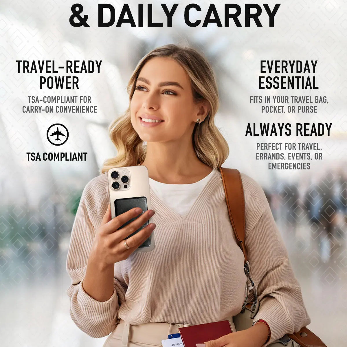Woman holding a phone with AquaVault ChargeCard and passport for travel.