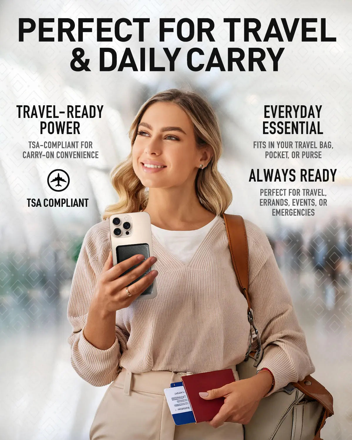 Woman holding a phone with AquaVault ChargeCard and passport for travel.